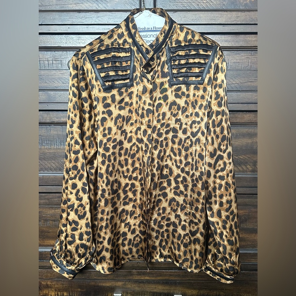 Posse Leopard Print Blouse with Leather trims